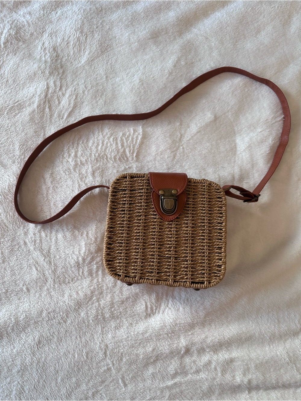 Woven Straw Crossbody Bag with Brown Leather Trim